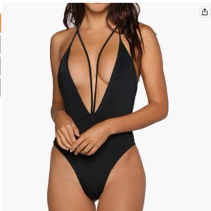 SOLD - Plunging Deep V Black One-Piece Swimsuit